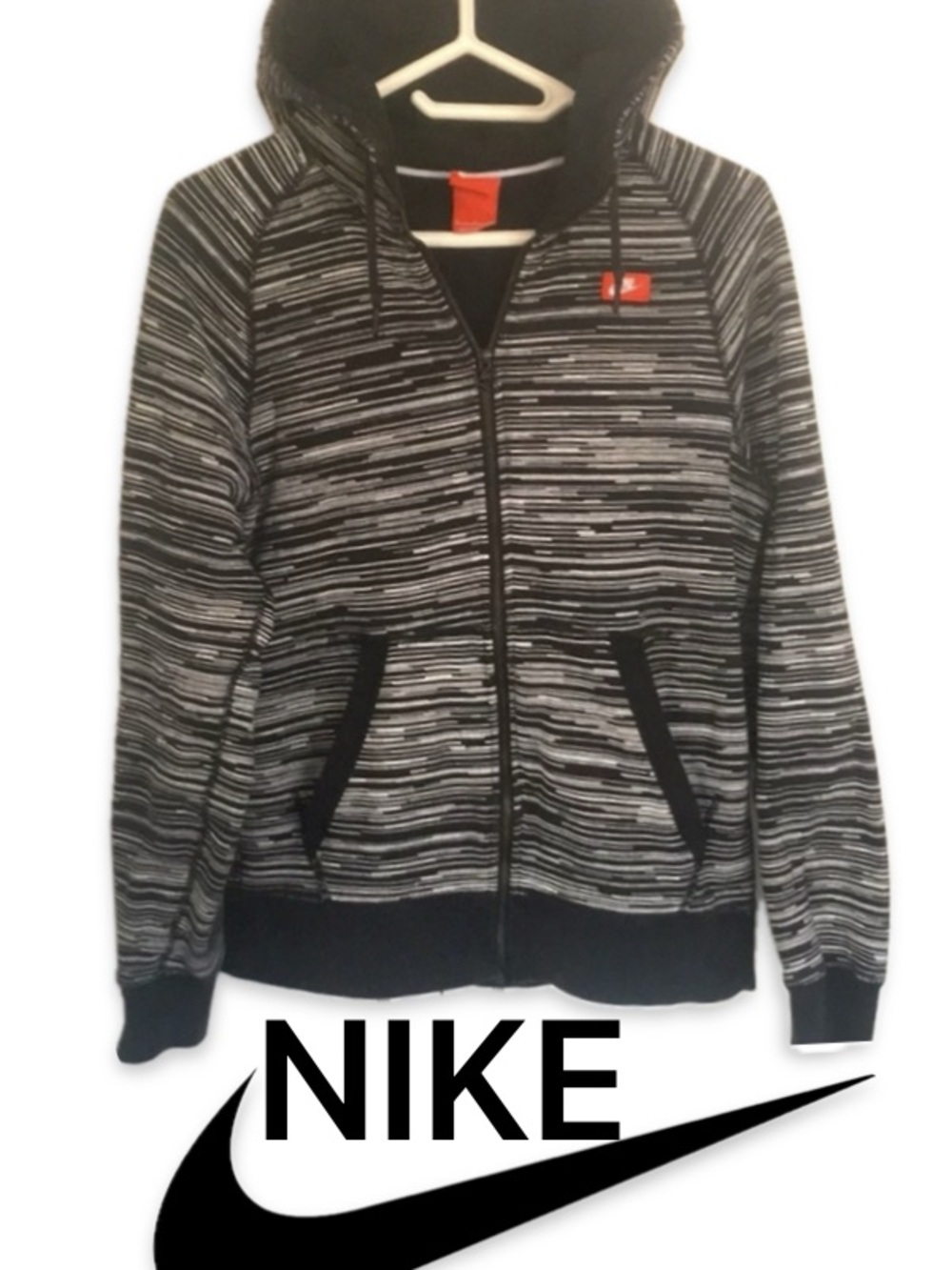 Nike Full Zip Up Heavyweight Cotton Hoodie Black White DryFit Trim Small